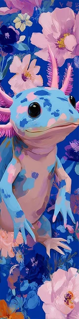 Free printable axolotl bookmark featuring pink flowers and blue axolotl